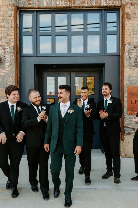 Hunter Green Mens Suit Wedding, Dark Green Groom Suit With Groomsmen, Groomsmen Forest Green, Pine Green Groomsmen Attire, Green Wedding Tuxedo For Groom, Green Suit Wedding Groomsmen, Dark Green Tux Wedding, Emerald Suits For Men, Dark Green Groom Suit Bridesmaid Dresses