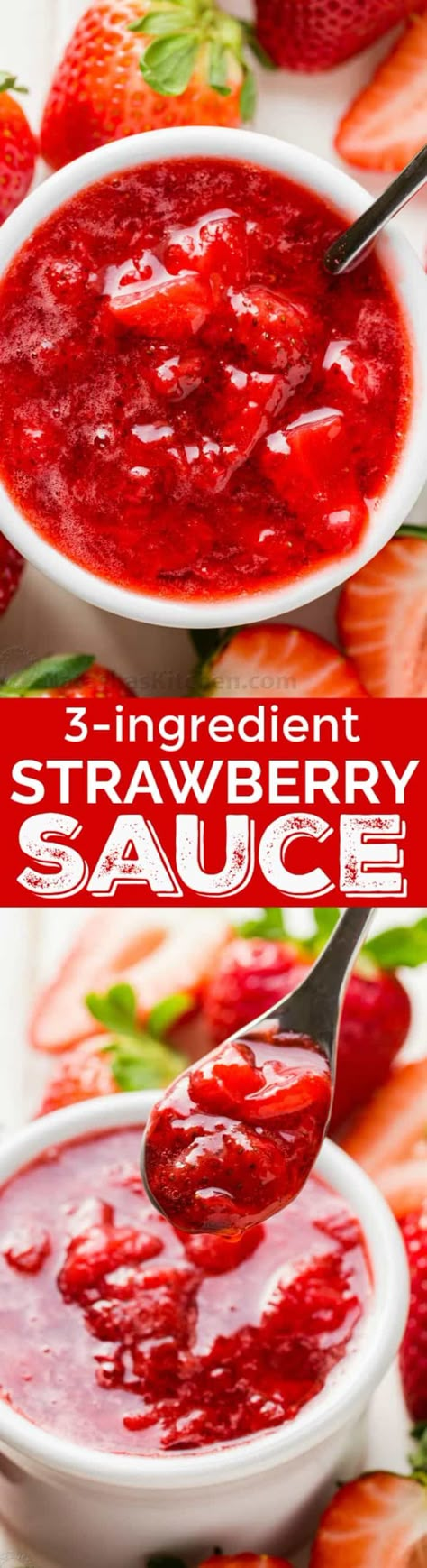 There is no rival for homemade strawberry sauce. It has just 3 ingredients and this is the easiest strawberry sauce recipe. This strawberry sauce is completely wonderful over ice cream, pancakes, waffles, pie, cheesecake, this trifle, you name it! Excellent homemade strawberry topping! | natashaskitchen.com #strawberrysauce #freshstrawberrysauce #strawberries Strawberry Sauce Recipe, Simply Stacie, Homemade Strawberry Sauce, Cheesecake Toppings, Berry Sauce, Healthy Strawberry, Strawberry Topping, Strawberry Sauce, Easy Strawberry