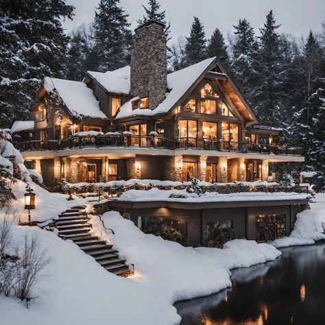 Wood Cabin Mansion, Ski Home Exterior, Bloxburg Lake House, Fancy Cabin, Winter Lake House, Lake House Design, Home Lake House, Lodge Exterior, Mountain Mansion