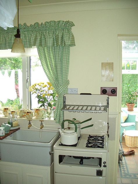 The curtains just remind me of Grandma...along with the vintage stove...I have been so very blessed. Linoleum Floors, Gingham Curtains, Farmhouse Kitchen Curtains, Vintage Stove, Wash Board, Curtains Decor, Small Cottage Kitchen, Baking Trays, Vintage Stoves