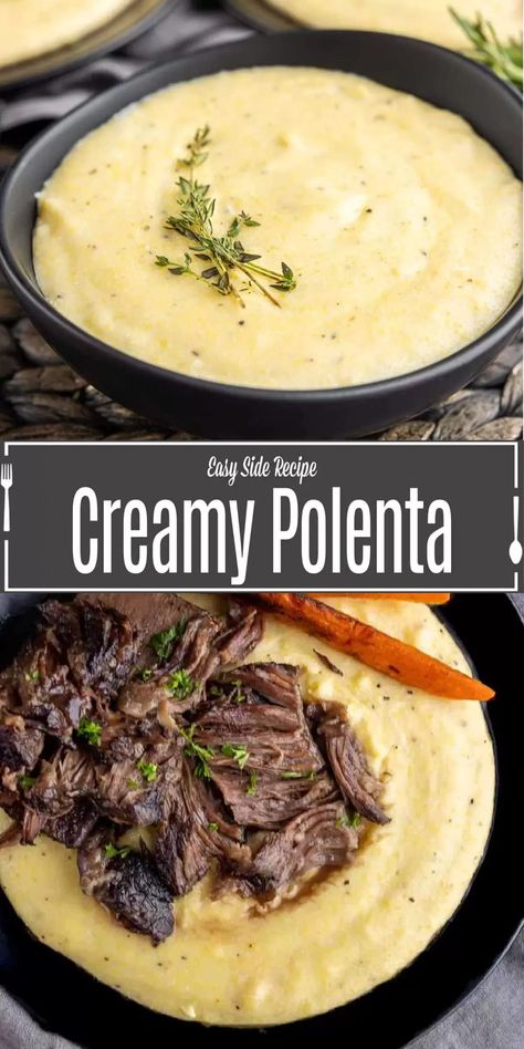 This creamy polenta recipe is a classic Italian dish made with perfectly cooked polenta and tangy goat cheese. It's a savory comfort food that makes a great side for braised meats. This easy polenta recipe is a cheesy polenta made with creamy goat cheese. It can be an Italian side dish or a main course. Make this creamy polenta in place of mashed potatoes for a delicious side dish idea that everyone will love. Easy Polenta, Italian Side Dish, Polenta Lasagna, Recipes For Hosting, Cheesy Polenta, Cheese Polenta, Italian Side Dishes, Polenta Recipe, How To Cook Polenta