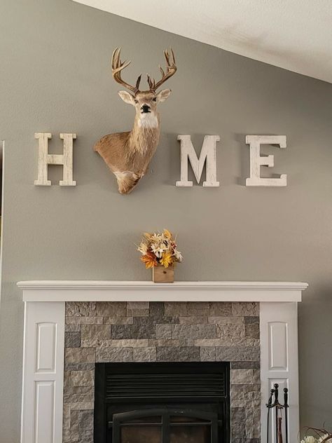 Modern Deer Mount Decor, Accent Wall With Deer Mounts, Deer Home Decor Ideas, Deer Head Home Decor Wall Mount, Deer On Wall Decor, Deer Head In Bedroom, Home With Deer Head, Wall Decor With Deer Mount, Deer Head In Living Room