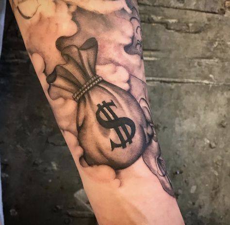 Money Tattoos For Men, Money Tattoo Ideas, Money Tattoo Designs, Money Tattoos, Money Bag Tattoo, Cool Money, Libra Tattoo, Gangsta Tattoos, Money Tattoo