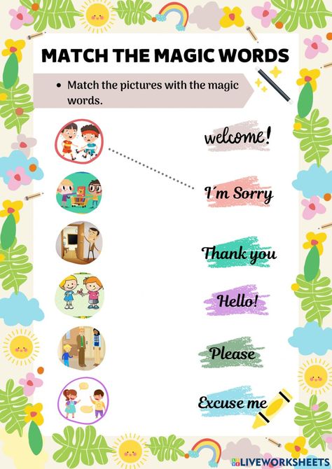 Polite Words Worksheet, Polite Expressions Worksheets, Greeting Worksheet For Kids, Magic Words Worksheet, Magic Words Chart For Preschool, Good Manners Worksheets For Kids, Magic Words For Kids Classroom, Magic Words List, Polite Words