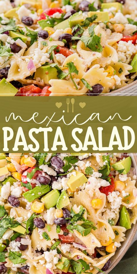 Looking for a zesty, easy-to-make cold pasta salad that's perfect for your next gathering or side dish to family dinner? This Mexican Pasta Salad features delicious ingredients and flavors; brought together with a creamy avocado dressing and avocado chunks, and crumbled queso fresco. Cold Mexican Salad, Mexican Pasta Side Dishes, Guacamole Pasta Salad, Mexican Style Pasta Salad, Cold Mexican Pasta Salad, Pasta Avocado Salad, Mexican Pasta Salads, Mexican Cold Pasta, What To Make With Queso Fresco