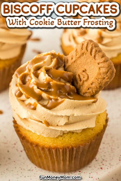 These Biscoff Cupcakes, with a rich cookie butter center and Biscoff buttercream frosting, are the ultimate blend of cookie and cupcake! Baking Recipes Biscoff, Gooey Butter Cupcakes, Coffee Inspired Cupcakes, Biscoff Cookie Cupcakes, Biscoff Cookie Butter Cupcakes, Dessert With Cookie Butter, Biscoff Frosting Recipe, Cookie Butter Frosting Recipes, Cookie Butter Buttercream