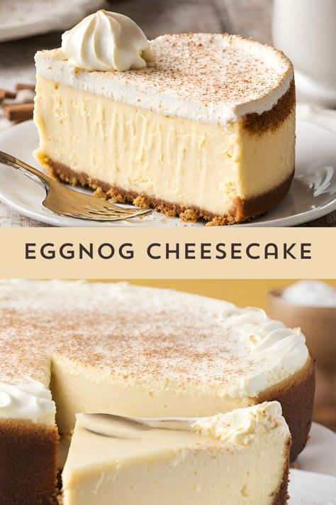 "Indulge in holiday bliss with our Eggnog Cheesecake! 🎄✨ Creamy cheesecake infused with rich eggnog flavor, topped with a decadent spiced whipped cream. A festive treat that'll have your taste buds dancing! #EggnogCheesecake #HolidayDesserts #DeliciousDelights 🍰🎁" Easy Eggnog Cheesecake, Holiday Baking Recipes Christmas, Christmas Dinner Parties, Gingerbread Crust, Cheesecake Christmas, Eggnog Cheesecake Recipe, Christmas Desserts Cakes, Desserts Holiday, Spiced Eggnog