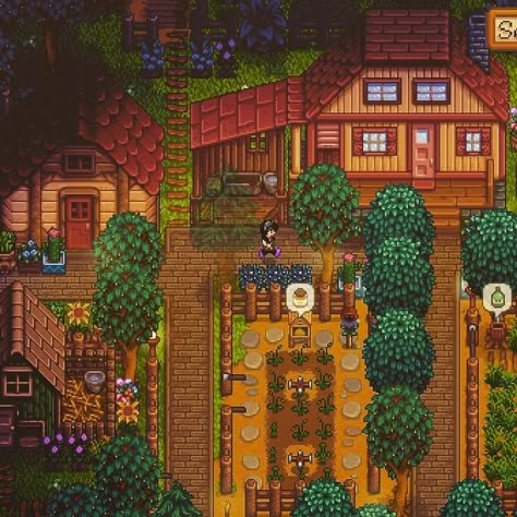 Strawdew Valley Farm, Stardew Valley Krobus House, Stardew Obelisk Layout, Stardew Valley Outdoor Decor, Stardew Valley Farm Layout Standard Aesthetic, Stardew Valley House Exterior, Cute Stardew Valley Farm, Stardew Farm Layout, Strawdew Valley