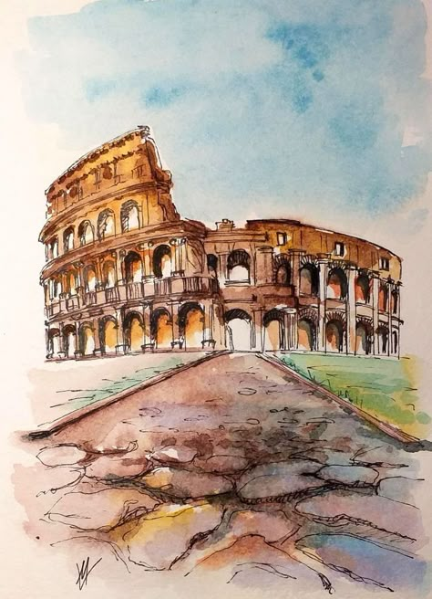 Rome Watercolor Painting, Watercolor Building Paintings, Italy Watercolor Paintings, Italy Sketches, Cool Nature Tattoos, Architecture Drawing Sketchbooks, Cool Nature, Building Painting, Watercolor Architecture