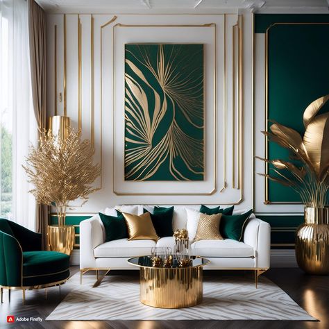 Emerald Green Living Room, Green Sofa Living Room, Green Living Room Decor, Cream Living Rooms, Green Apartment, Gold Living, Art Deco Living Room, Elegant Living Room Decor, Green Interior Design