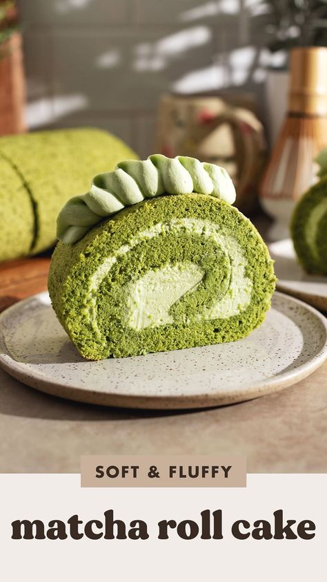 This matcha roll cake is made with a soft and fluffy matcha cake sheet that never rips when rolled and filled with matcha whipped cream for double the matcha green tea flavour. #matcha #swissroll #rollcake | teakandthyme.com Matcha Roll Cake Aesthetic, Matcha Roll Cake Recipe, Matcha Whipped Cream, Matcha Cake Roll, Matcha Swiss Roll, Matcha Roll Cake, Cake Sheet, Matcha Cake, The Matcha