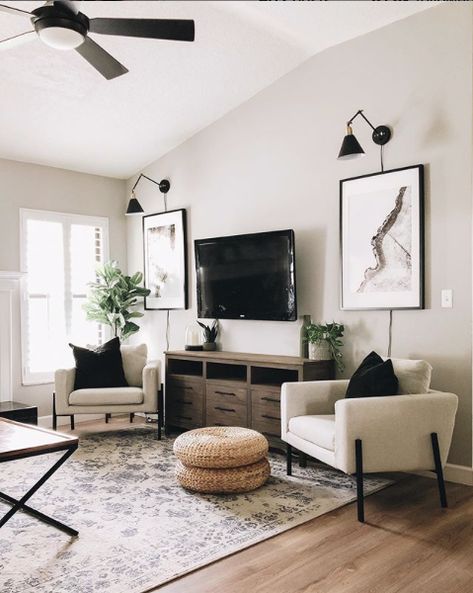 Photo Ledge Above Tv, Bedroom Black Windows, Faux Cabinet, Stencil Floor, Perfect Grey Paint, Tv Cords, Photo Ledge, Living Tv, Bedroom Reveal