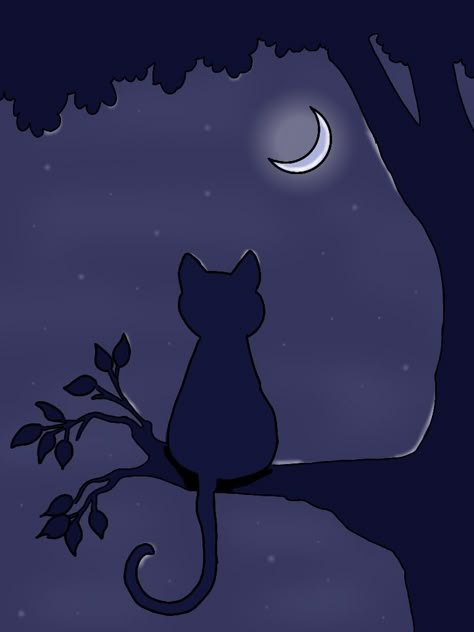 Simple Animal Silhouette, Star Night Aesthetic, Drawing Ideas Line Art, Witchy Drawing Ideas, Night Scenery Drawing, Branch Drawing, Black Cat Drawing, Night Drawing, Speed Draw