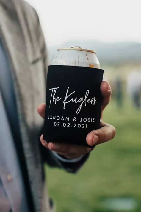 Wedding Party Koozie Ideas, Western Koozies Wedding Favors, Wedding Koozie Ideas Country, Wedding Favors For Guests Koozies, Bride And Groom Koozies, Wedding Favor Koozie Ideas, Custom Wedding Koozie Ideas, Can Coolers For Wedding, Cricut Koozies Diy Wedding