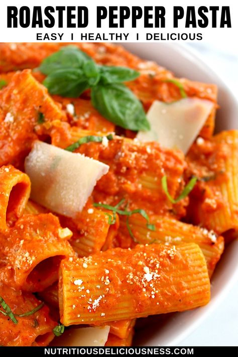 This rich and flavorful Red Pepper Pasta features a homemade creamy, roasted red pepper sauce that perfectly coats tender rigatoni. Topped with fresh basil and parmesan cheese, this is one vibrant and easy dish with a delicious gourmet touch. Pasta With Red Sauce And Vegetables, Roasted Peppers Pasta, Red Pasta Sauce Recipes Easy, Red Pepper Sauce Pasta, Red Sauce Pasta Recipes, Red Bell Pepper Pasta, Creamy Red Pepper Sauce, Roasted Pepper Pasta, Roasted Red Pepper Pasta Sauce