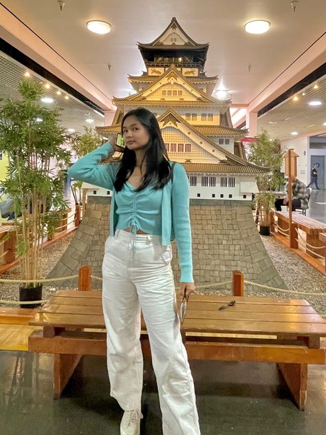 outfit, white sneakers, japan, japantown, uwu, lol, plant, kawaii, blue outfit, teal outfit, scrunched top, cardigan Teal Blue Top Outfit, Turquoise Cardigan Outfit, Teal Scarf Outfit, Turquoise Outfit Aesthetic, Turquoise Top Outfit, Plant Kawaii, Blue Top Outfit, Teal Outfit, Overwatch Oc