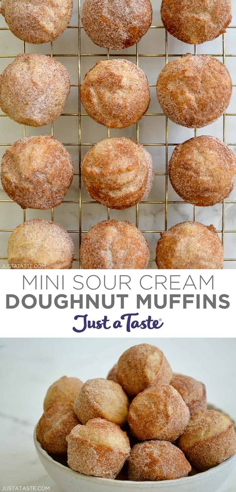 Your family will love this Mini Sour Cream Doughnut Muffins recipe! Just imagine an old-fashioned cake doughnut rolled in cinnamon sugar. When time is short, it’s doughnut muffins to the rescue! #justatasterecipes Mini Breakfast Muffins, Mini Muffin Pan Recipes, Recipes Using Sour Cream, Cream Donut Recipe, Cream Doughnut, Mini Muffin Tin Recipes, Cream Desserts Recipes, Sour Cream Donut, Sour Cream Desserts