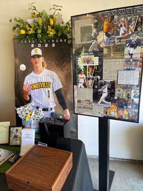 A custom-built photo stand to showcase my sons newspaper articles, photos, and more. Rustic Grad Party, Baseball Graduation Party, Graduation Picture Display, Themed Graduation Party, Senior Volleyball, Sports Banner, Memorabilia Display, Baseball Photography, Sports Article