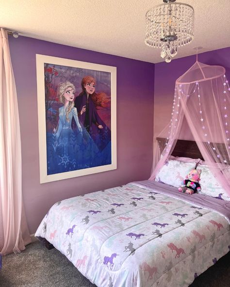 ✨ Swipe to see the before 👉 This room turned out so different from my initial vision board, but after my daughter (mid-painting mind you) changed her mind from rainbow ombre to pink and purple ombre, we really leaned into that vibe. The pink canopy with the color changing star lights is her favorite! This room is so fun! What is your favorite part?? Save and share, and follow along for DIY projects, beginner DIY tips, and more! #girlsbedroom #girlsroominspo #girlsroomstyling #diyrev... Pink And Purple Wall Paint Ideas, Pink And Purple Girls Bedroom, Pink And Purple Girls Room, Purple Kids Room, Chelsea Bedroom, Purple Wall Paint, Princess Chelsea, Hampstead House, Striped Accent Wall