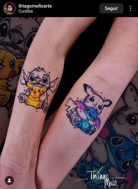 #watercolortattoos #watercolourtattoo #colortattoo #tattoowork #colortattoos #tattoocolor #tattooidea #tattooing #colorfultattoo #cutetattoos Matching Disney Tattoos, Toothless Tattoo, Disney Stitch Tattoo, Lilo And Stitch Tattoo, Matching Stuff, Matching Best Friend Tattoos, Cute Couple Tattoos, Stitch Tattoo, Bestie Tattoo