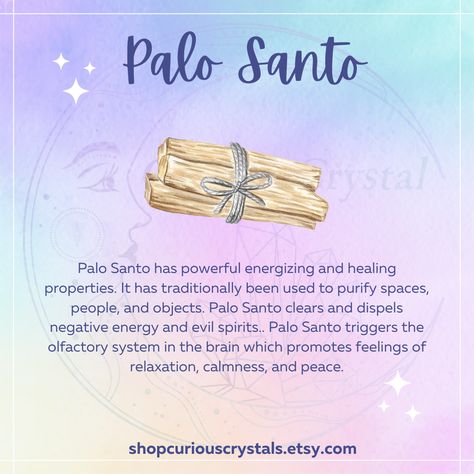 Graphic contains a digital rendering of Palo Santo and informational text about its uses. Pablo Santo Wood Benefits, Pablo Santo Cleansing, Pablo Santo Wood Use, Palo Santo Benefits, How To Use Palo Santo, Palo Santo Smudging, Palo Santo Magical Properties, Palo Santo Smudging Prayer, How To Use Palo Santo Sticks