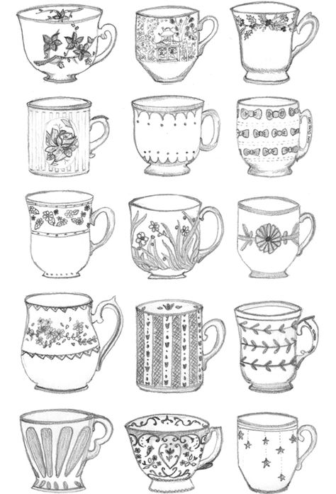 Teacups - tint embroidered versions of these? Teacup Collection, Graphic Cartoon, Etsy Embroidery, Sketch Note, Draw Illustration, Cartoon Drawing, Journal Doodles, Cups And Saucers, Black Set