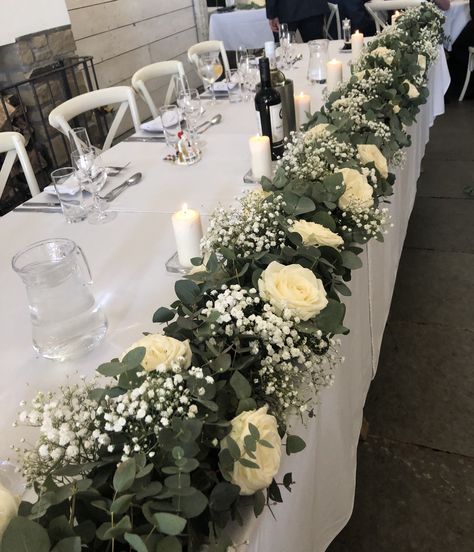 Wedding Top Table Flowers, Top Table Flowers, Wedding Table Garland, Wedding Top Table, Non Traditional Wedding Rings, Non Traditional Wedding Ring, Gypsophila Wedding, Simple Beach Wedding, Table Flower Arrangements