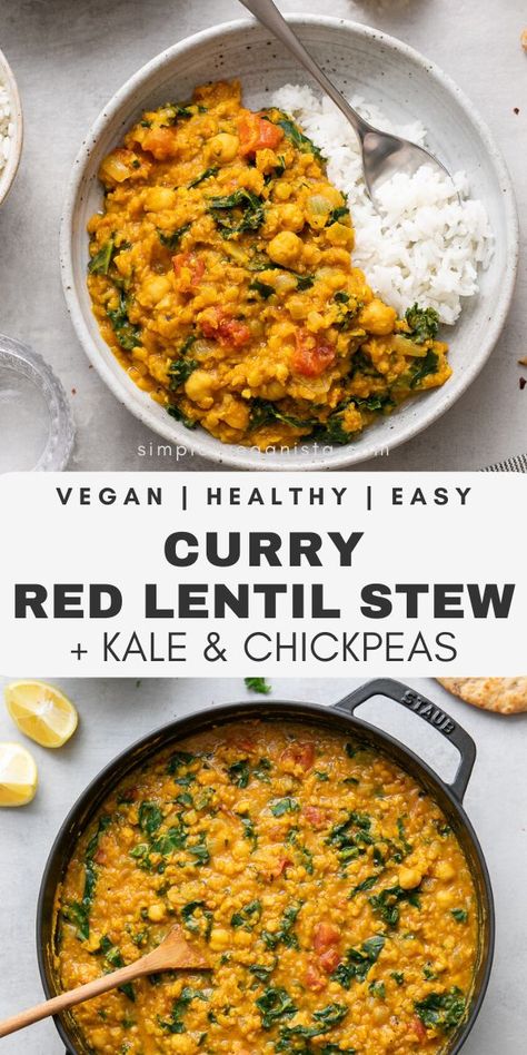 Red Lentil Stew, Simple Veganista, Chickpeas Curry, Red Lentil Recipes, Healthy Weeknight Meals, Lentil Stew, Lentil Recipes, Healthy Easy, Red Lentil