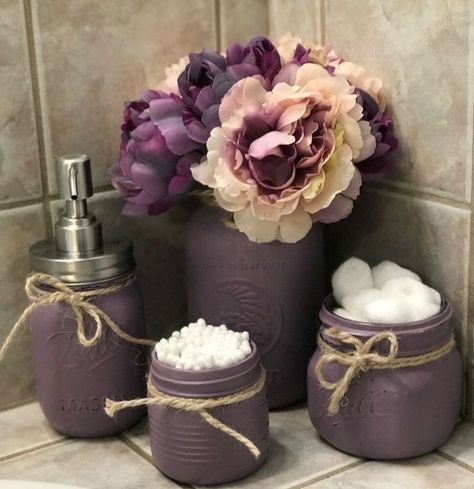 Mason Jar Bathroom Decor, Lavender Kitchen, Lavender Bathroom, Purple Bathroom Decor, Purple Bathroom, Gray Bathroom Decor, Mason Jar Bathroom, Purple Bathrooms, Restroom Decor