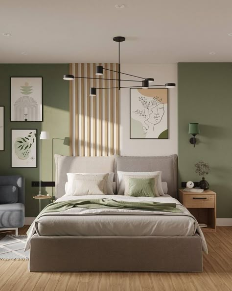 Blue Green Beige Bedroom, Wooden Slat Wall Interiors Bedroom, Bedroom 12 M2, Green Modern Bedroom, Green And Beige Bedroom, Scandanavian Interiors Bedroom, Wooden Walls Living Room, Scandanavian Interiors, Masculine Bedroom Decor