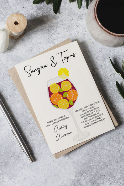 Spanish Sangria and Tapas Bridal Shower Invites for Spain Themed Events. Host at a Restaurant or Your Home. Sangria Themed Bridal Party, Spanish Themed Bridal Shower Ideas, Spanish Bridal Shower Ideas, Spain Theme Party, Spanish Themed Party, Spanish Sangria, Spanish Invitations, Spanish Party, Bridal Shower Invites