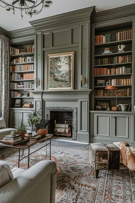 Georgian Lounge Ideas, Classy House Aesthetic, Fireplace Surround Bookshelves, Snug Room Decor, Modern Vintage Family Room, Transitional Library Room, English Tudor Living Room, Living Room European Style, Georgian Revival Homes Interior Design