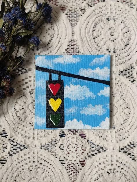 Very Small Paintings, Tiny Easy Paintings, Small Rectangle Canvas Painting Ideas, Mini Canvases Ideas, Small Square Painting Ideas, Cute Love Paintings Easy, Mini Canvas Ideas Easy, Traffic Light Painting, Easy Mini Paintings