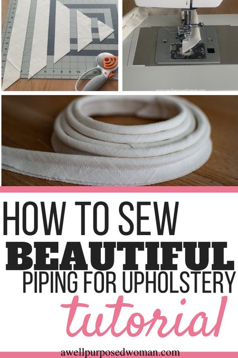 How To Sew A Box Cushion With Piping, How To Sew Piping On A Cushion, Piping Cushions Tutorial, Adding Piping To Pillows, Making Piping For Cushions, How To Make Piping For Upholstery, How To Sew Piping, How To Do Corners On Upholstery, Upholstery Fabric Projects