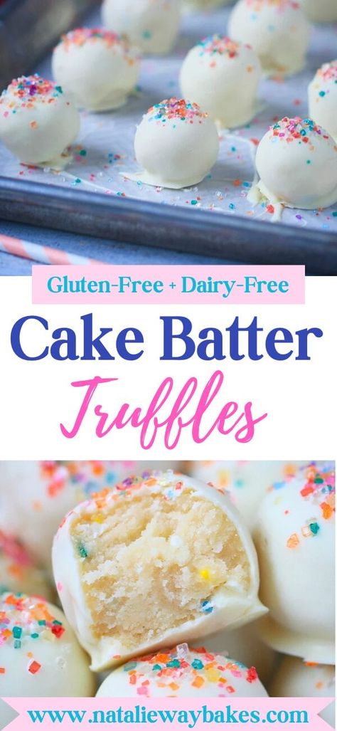 These Cake Batter Truffles are no-bake, easy to make, gluten-free, dairy-free, and taste absolutely delicious- Like little bites of soft melt in your mouth cookie dough. The perfect little bon bon delights! #glutenfree #dairyfree #truffles #cakebattertruffles Christmas Treats Gluten Free Dairy Free, Gluten Free Desserts For One, Gluten And Dairy Free Cake Pops, Gluten Friendly Desserts, Dairy Free Cake Balls, Dairy Free Cake Pops Recipes, Gluten Free Dairy Free Truffles, Gluten Free No Bake Recipes, Gluten Free And Dairy Free Recipes Desserts