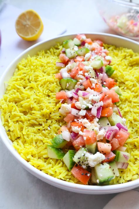 Mediterranean Rice, Side For Dinner, Yellow Rice Recipes, Basmati Rice Recipes, Rice Side Dish Recipes, Easy Mediterranean Diet Recipes, Rice Side Dishes, Yellow Rice, Mediterranean Salad