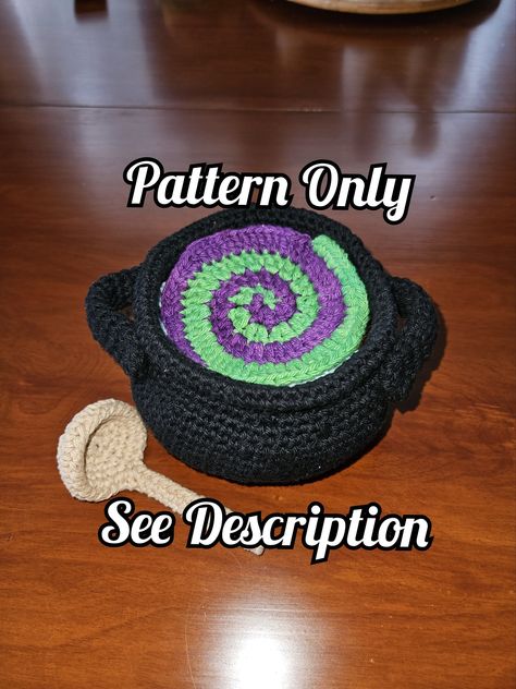 The Halloween Cauldron Coaster Set includes crochet patterns for a cauldron (approximately 6.5"x3.5" or 16.5x9 cm) that fits ten (10) coasters. The Halloween themed coasters include a dual potion swirl, a ghost, a skull, a pumpkin/jack-o-lantern, gummy worms, candy corn, cobwebs, eyeballs, a poisonous mushroom, and a witch's hat! All coasters should fit nicely inside the cauldron for convenient storage when not in use.  BONUS: a short pattern for a cute little ladle to add to the side of your ca#Crochet_Skull_Coasters #Crochet_Coaster_Pattern_Free #Witchy_Crochet_Patterns_Free #Coaster_Set_Crochet Haloween Decoracion Crochet, Coaster Set Crochet, Crochet Halloween Patterns Free, Crochet Pour Halloween, Halloween Cauldron, Crochet Skull, Creepy Halloween Decorations, The Cauldron, Gummy Worms