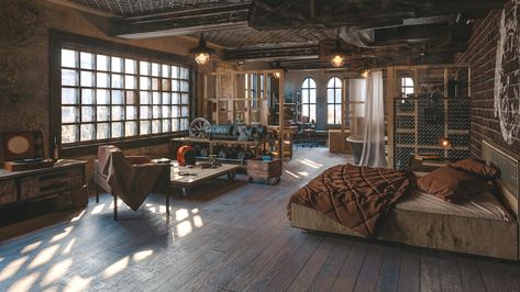 ArtStation - Visualization of atmospheric loft Black Loft Bedroom, Warehouse Loft Bedroom, Old Loft Apartment, Loft Two Bedrooms, Industrail Loft, New York Apartment Interior Loft Style, Dark Loft Apartment, Nyc Loft Aesthetic, Cozy Loft Ideas