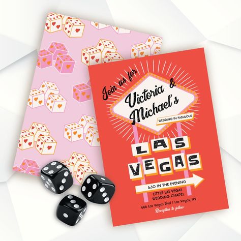 Las Vegas Wedding Sign Mod Retro Invitation Las Vegas Party Invitations, 7 Anniversary, Vegas Wedding Invitations, Heart Dice, Las Vegas Wedding Invitations, Vegas Themed Wedding, Bold Wedding Invitations, Retro Invitation, Las Vegas Wedding Chapel