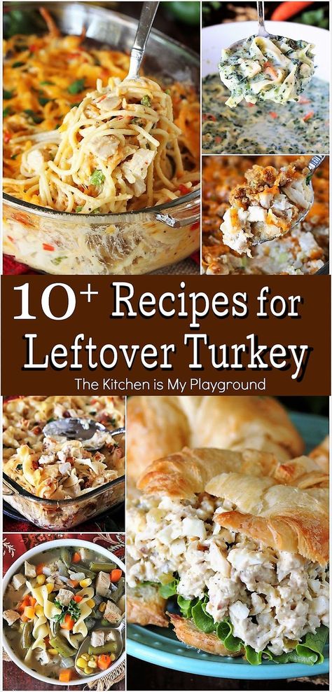 Collage of Recipes for Leftover Turkey Recipes For Leftover Turkey, Turkey Leftover Recipes, Leftover Thanksgiving Turkey Recipes, Turkey Casserole Recipe, Turkey Leftovers, Leftover Recipes, Thanksgiving Leftover Recipes, Holiday Leftovers, Turkey Casserole