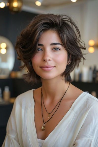 A neck-length layered pixie cut, offering a youthful and vibrant appearance Haircuts Trending, Longer Pixie Haircut, Short Brown Hair, Messy Short Hair, Long Pixie, Trending Looks, Penteado Cabelo Curto, Pixie Haircuts, Short Hair Haircuts