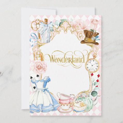 Wonderland Party Invitations, First Birthday Invitation Cards, Tea Party Alice In Wonderland, Happy Unbirthday, Diy Eid Gifts, Alice In Wonderland Invitations, Baby Food Jar Crafts, Pink Girl Birthday, Alice In Wonderland Tea Party Birthday