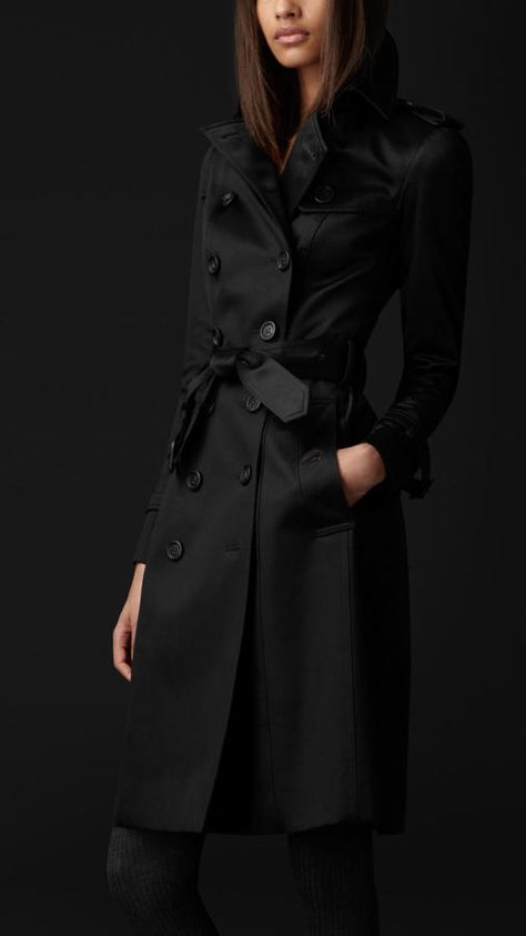 Burberry Prorsum Long Cotton Sateen Trench Coat. Buy for $2,295 at Burberry. Coats Burberry, Burberry Trenchcoat, Black Rain Jacket, Blue Raincoat, Burberry Trench, Burberry Trench Coat, Rain Jacket Women, Perfect Coat, British Outfits