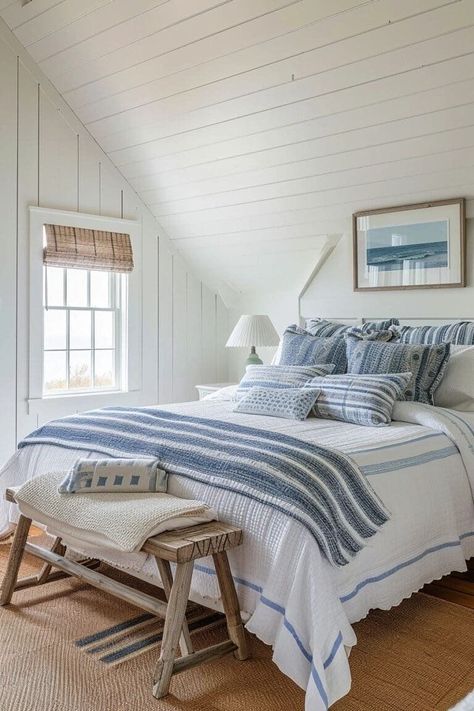 Minimalistic Coastal Bedroom, East Coast Room Aesthetic, Nantucket Aesthetic Bedroom, Room Decor Bedroom Beach, Blue Cottage Bedroom, Beach Bedroom Ideas Coastal Style, Coastal Blue Bedroom, Nantucket Bedroom, Cape Cod Bedroom