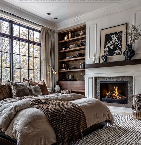 Main Bedroom With Fireplace, Electric Fireplace Ideas In Bedroom, Master Room With Fireplace, Gas Fireplace In Bedroom Master Suite, Fireplace Built Ins Bedroom, Bedrooms With Fireplaces Master, Bedroom Built In Fireplace, Fireplace In Master Bed, Bedroom With Fireplace Master