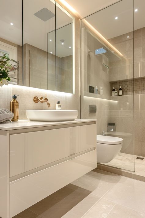 Transform Your Space: Explore This Sleek & Modern Bathroom Design! Luxurious White Bathroom, Elegant White Bathroom Ideas, Modern Sleek Bathroom, Cozy Shower Ideas, White Bathroom Gold Accents, Toilet Minimalist Design, Bathroom Ideas White And Gold, Spacious Bathroom Ideas, Minimalistic Bathroom Design