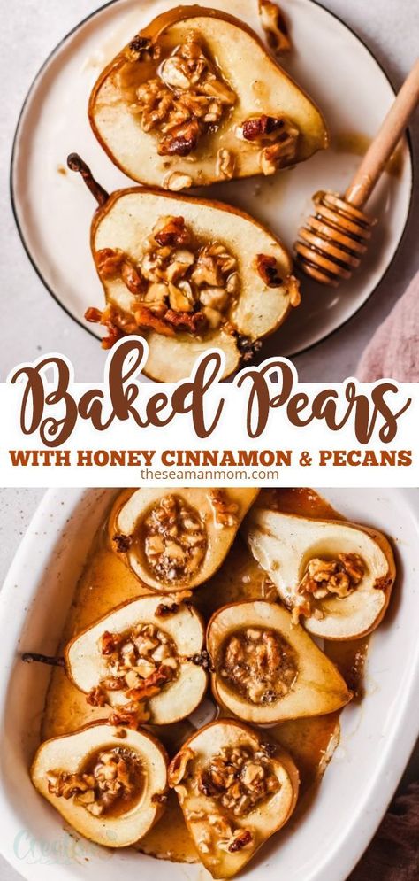 This baked pears recipe only uses four ingredients and is a sweet and easy breakfast or dessert idea! Serve these delicious baked pears with honey, pecans & cinnamon from the oven by themselves or with a spoonful of yogurt or a scoop of ice cream. #easypeasycreativeideas #recipes #dessert #breakfast #bakedpears #baked #fruit #fruitdesserts #fruitrecipes #easydessert #dessert #desserts #dessertidea #pears #pecans #cinnamon #honey Baked Pears Recipe, Honey Pecans, Pear Dessert Recipes, Pear Dessert, Baked Pears, Cinnamon Pecans, Cinnamon Honey, Scoop Of Ice Cream, Honey Cinnamon