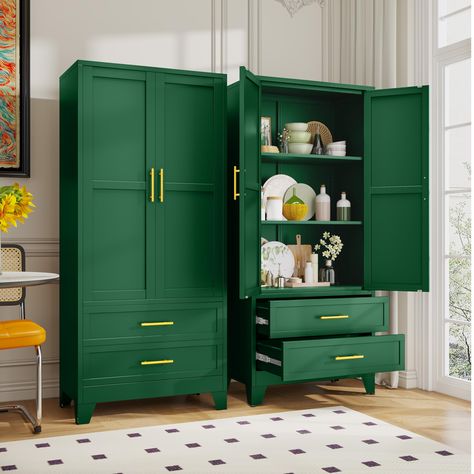 PRICES MAY VARY. 『♕High-quality Material』The tall metal storage cabinet is made of large-sized thickened cold-rolled steel plates, each shelf can withstand a weight of 180 LBS, and the reinforced structure makes the tall steel cabinet more sturdy and durable. The freestanding pantry cabinet adopts electrostatic powder spraying technology, which is scratch resistant, wear-resistant, and easy to clean. More durable than wooden cabinets 『♕Large Capacity Wardrobe』15.75"D x 31.5"W x 71"H. Our large m Hallway Cabinet Storage, Building Storage Cabinets, Tiny Space Furniture, Metal Storage Cabinet Makeover, China Storage Cabinet, Rustic Storage Ideas, Pantry Cabinet With Drawers, Kitchen Cabinets In Bedroom, Storage Cabinets With Doors Living Room