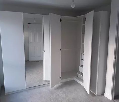 Corner Wardrobe Design, Ikea Pax Corner, Ikea Pax Corner Wardrobe, Pax Corner, Pax Corner Wardrobe, Corner Wardrobe Closet, Alcove Wardrobe, Space Saving Furniture Bedroom, Corner Closet