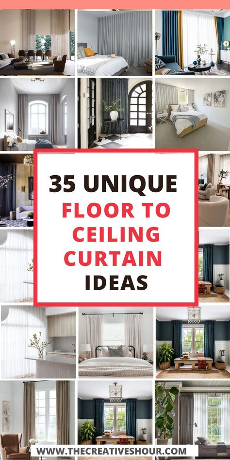 Discover the elegance of floor-to-ceiling curtains for small windows in your apartment! Whether you have a cozy bedroom with a small window or a spacious living room with a sliding door, learn how to DIY your way to stylish white or black curtains that'll transform your space. Hang them behind your bed for a romantic touch or use a cornice for a polished look. Curtain One Side Of Window, Wall Of Windows With Curtains, Long Curtains Small Window, Floor To Ceiling Drapes Living Room, Tall Windows Living Room Curtains, Tall Ceiling Living Room Curtains, Ceiling To Floor Curtains Bedroom, Curtains For Low Ceilings, Curtains Hanging From Ceiling